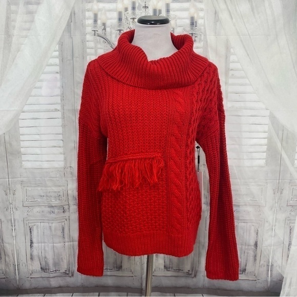 Calvin Klein Size Small Red Sweater Cowl Neck Pullover Fringe Cable Knit Acrylic - Picture 1 of 11
